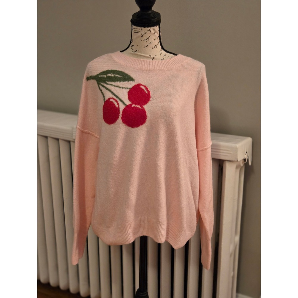 CeCe Pink Cherry Graphic Crewneck Sweater Long Sleeve Relaxed Fit Retro Sz L